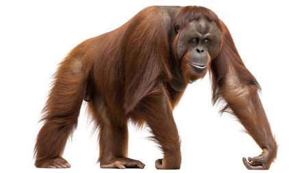 Bornean orangutan, Pongo pygmaeus, standing against white backgroundの写真素材