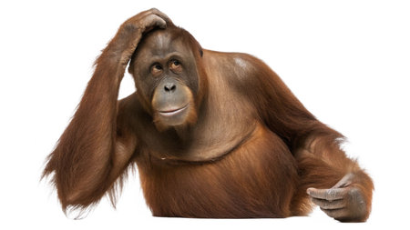 Bornean orangutan, Pongo pygmaeus, sitting in front of white backgroundの写真素材