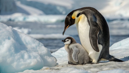 Emperor penguin with chick on the ice, Antarctic Peninsula, Antarcticaの写真素材