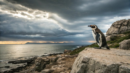 Magellanic penguin (Spheniscus magellanicus) standing on a rock, Cape Town, South Africaの写真素材