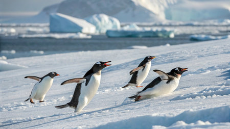 Gentoo penguins (Pygoscelis papua) on the ice, Antarctic Peninsula, Antarcticaの写真素材