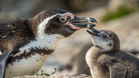 African penguin (Spheniscus demersus) and chickの写真素材