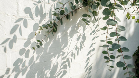 green leaves of eucalyptus plant on white wall background