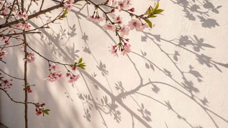 cherry blossom tree with shadow on white wall, copy spaceの写真素材