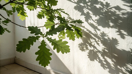 Green leaves on a white wall with shadows from the branches of oakの写真素材