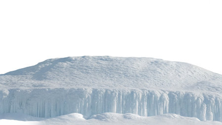 Snowy hill with icicles on white background. Winter landscape.