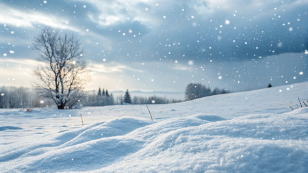 Winter landscape with snowflakes and trees on the hillside.