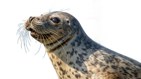 Portrait of a seal with a rope on a white background.