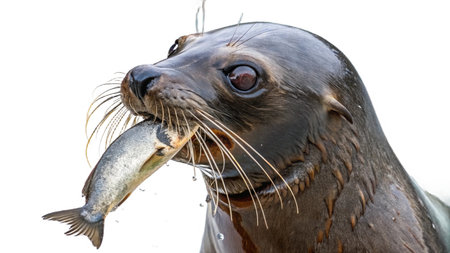 Sea lion with fish isolated on white background, close up portrait.