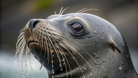 A closeup shot of a sea lion with water drops on its face