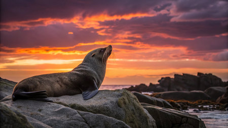 Sea lion resting on a rock at sunset in La Jolla, Californiaの写真素材