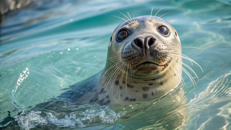 Close up of a seal swimming in the ocean on a sunny dayの写真素材