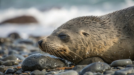 Close up of a seal sleeping on a pebble beach.の写真素材