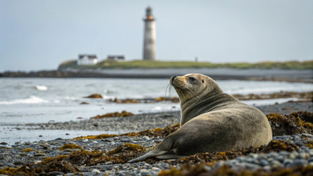 seal and lighthouse on the north coast of the island of Helgolandの写真素材