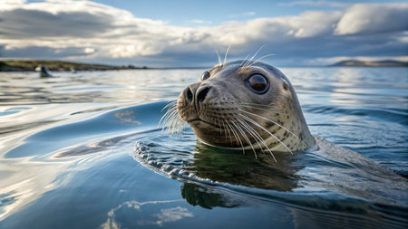 Close-up portrait of a seal swimming in the ocean at sunsetの写真素材