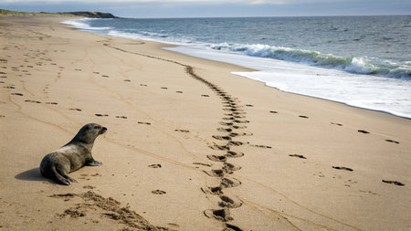 seals on the beach with footprints in the sand and ocean wavesの写真素材