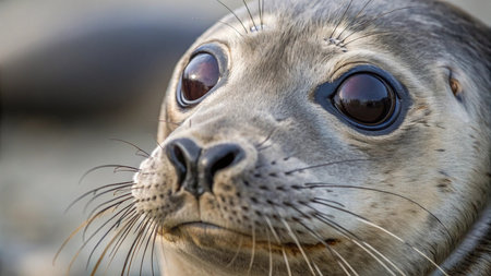Close-up portrait of a seal on the seashore.の写真素材