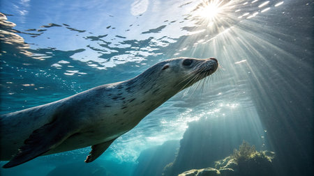 Seal swimming in the ocean with sunrays and sunbeamsの写真素材