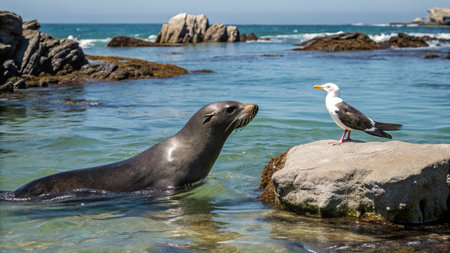 seal and seagull on the rocks at La Jolla, Californiaの写真素材