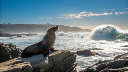 South American Sea Lion (Arctocephalus pusillus) on the rocks of Ballestas Islands, Peruの写真素材
