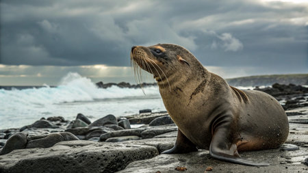 Sea lion on a rocky beach in the Falkland Islands with stormy skyの写真素材