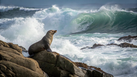 Sea lion sitting on rock and looking at the sea wave. South Africa