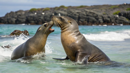 Sea lions on the coast of the Galapagos Islands, Ecuadorの写真素材