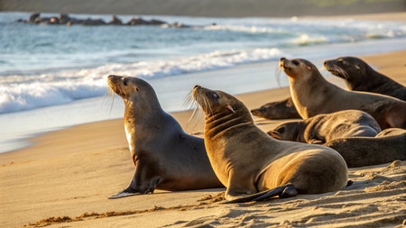 Group of sea lions resting on the beach, San Francisco, Californiaの写真素材