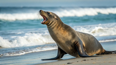 Sea Lion (Phoca vitulina) yawning on the beachの写真素材