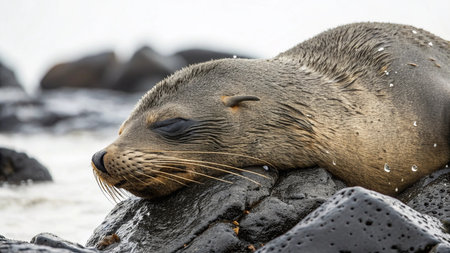 Galapagos sea lion (Arctocephalus grypus) sleeping on rocksの写真素材
