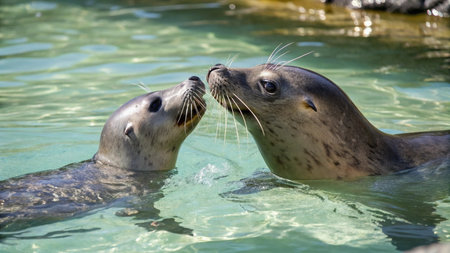 Two seals playing together in the water on a sunny summer day.
