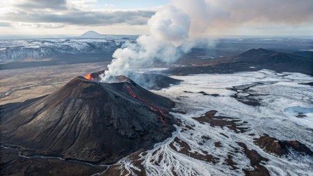 Volcanic eruption on Kamchatka Peninsula. View from helicopter.