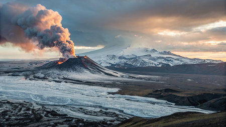 Volcanic eruption in Iceland, Europe. Beautiful panoramic view