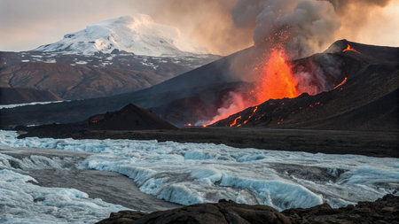 Volcanic eruption at Vatnajokull National Park, Icelandの写真素材