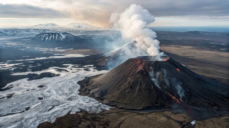 Volcanic eruption on Kamchatka Peninsula. View from helicopter.