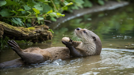 An otter swimming in a riverの写真素材