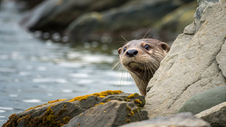 Otter on the rocks near the water. Animal portrait.