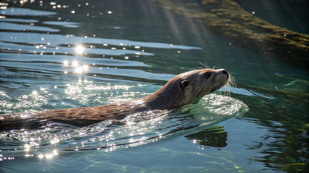 Otter swimming in the water on a sunny summer day.