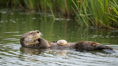 Otters swimming in the lake with a ball in its mouth