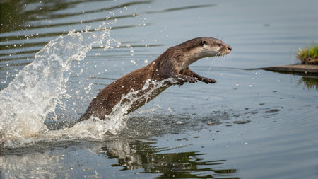 Otter (Lutra lutra) jumping into the waterの写真素材