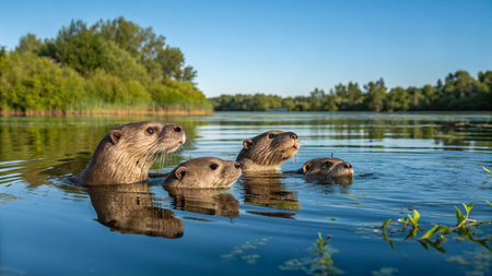 Group of European small-clawed otters swimming in the lake