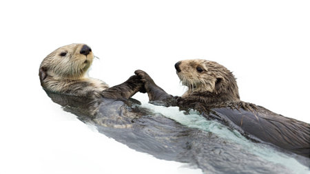 sea otters in the water on a white backgroundの写真素材