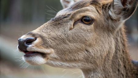 Close-up portrait of a deer in the park. Wild animal.
