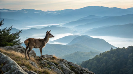 Young deer standing on the top of the mountain with misty valley in the background