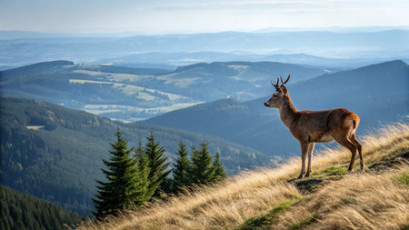 Deer on the top of the Carpathian Mountains in Ukraine