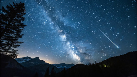 Milky Way and stars in the night sky over the mountains.の写真素材