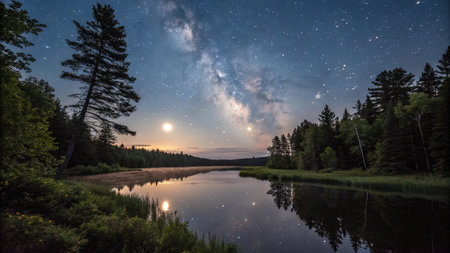 panoramic view of the milky way over the forest lakeの写真素材