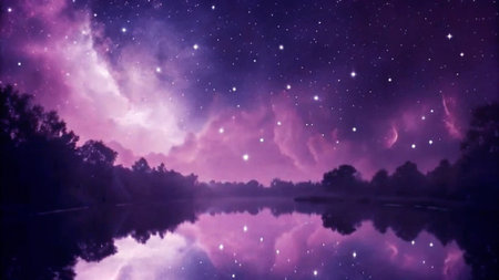 night sky with stars and reflection in the lake, 3d illustrationの写真素材