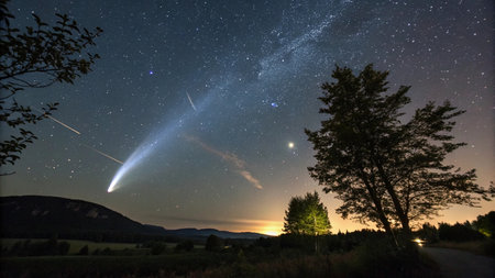 Milky way and stars in the night sky over the forest.