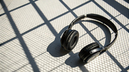 Headphones with shadow on the floor in the sunlight. Selective focus.